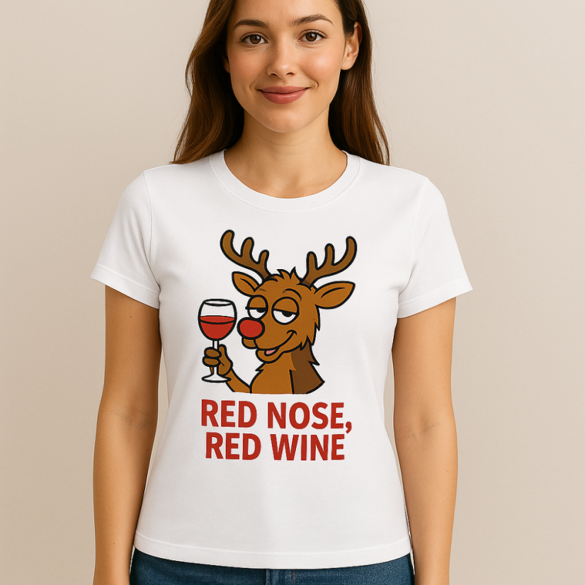 Dámske tričko „Red Nose, Red Wine“ - Farba: biela, Veľkosť: XL