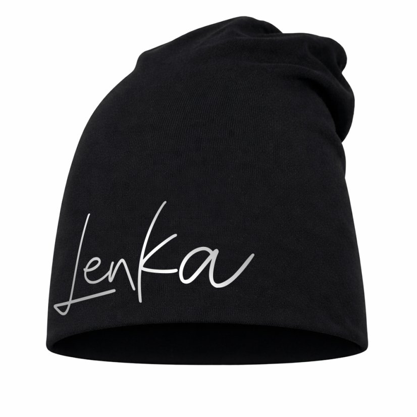 Detská šmolková čiapka s vlastným menom Čierna - Veľkosť: 7 (54–56 cm), Farba potlače: strieborná