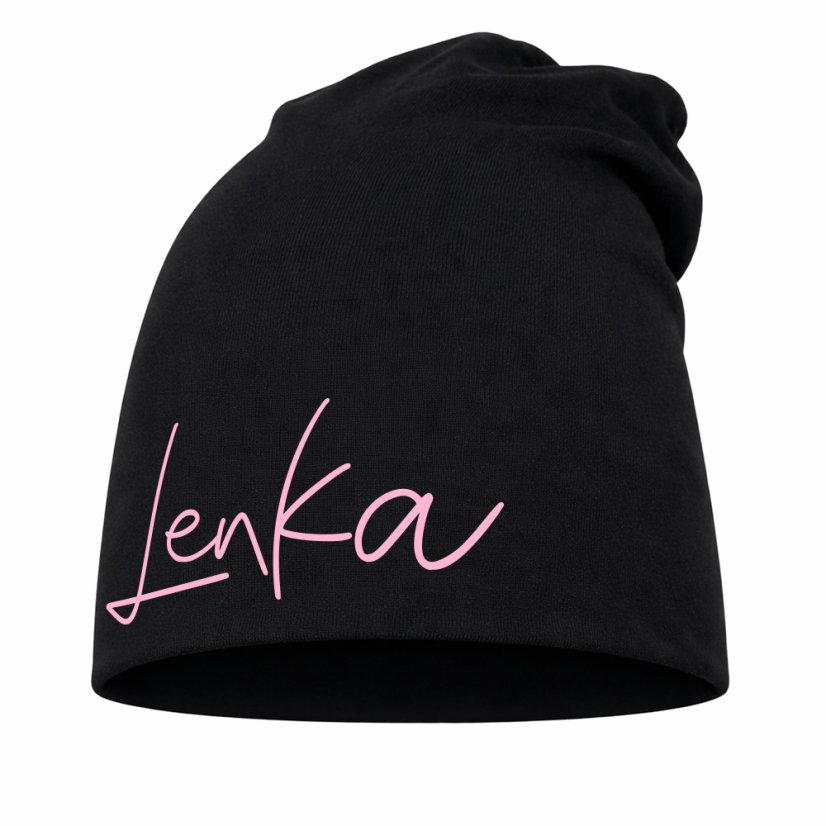 Detská šmolková čiapka s vlastným menom Čierna - Veľkosť: 5 (50–52 cm), Farba potlače: baby ružová