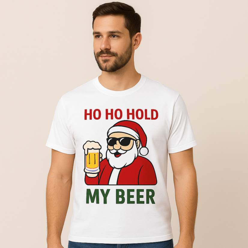 Pánske tričko „Ho Ho Hold My Beer“ – Santa s pivom