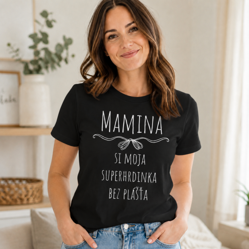 Dámske tričko Mamina – Si moja superhrdinka bez plášťa - Farba: čierna, Veľkosť: 3XL
